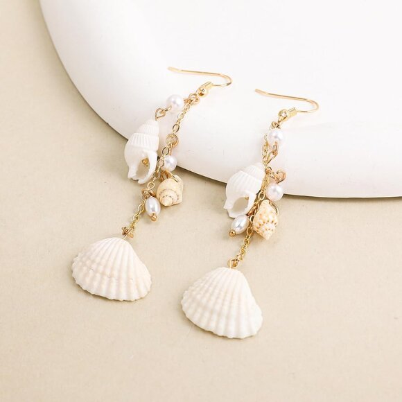 Sea Shell Faux Pearl Long Dangle Earrings Beach Holiday Jewelry for Women Girls - Picture 4 of 5